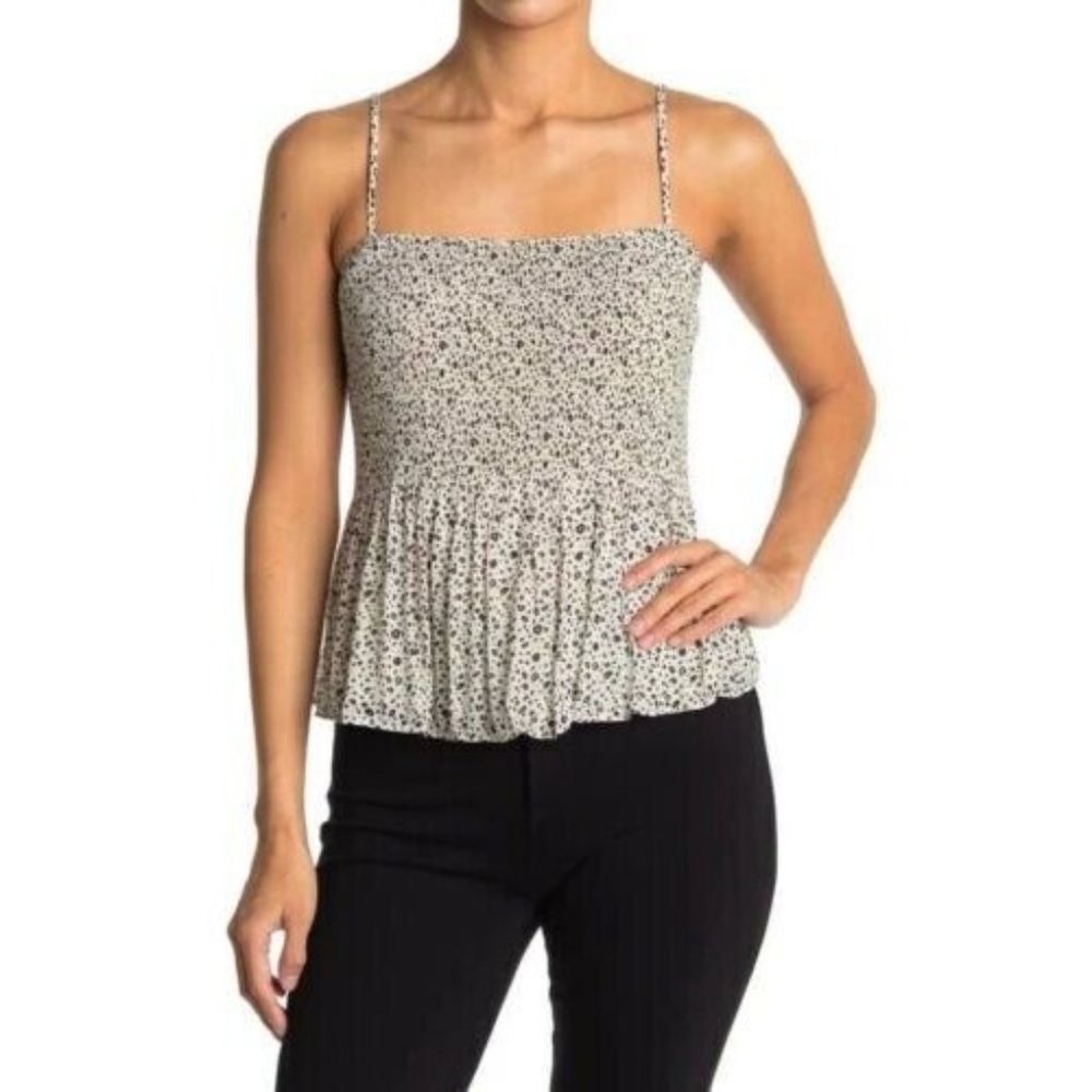 New LUSH Women's XS White Black Print Chiffon Pleated Square Camisole‎ Tank Top